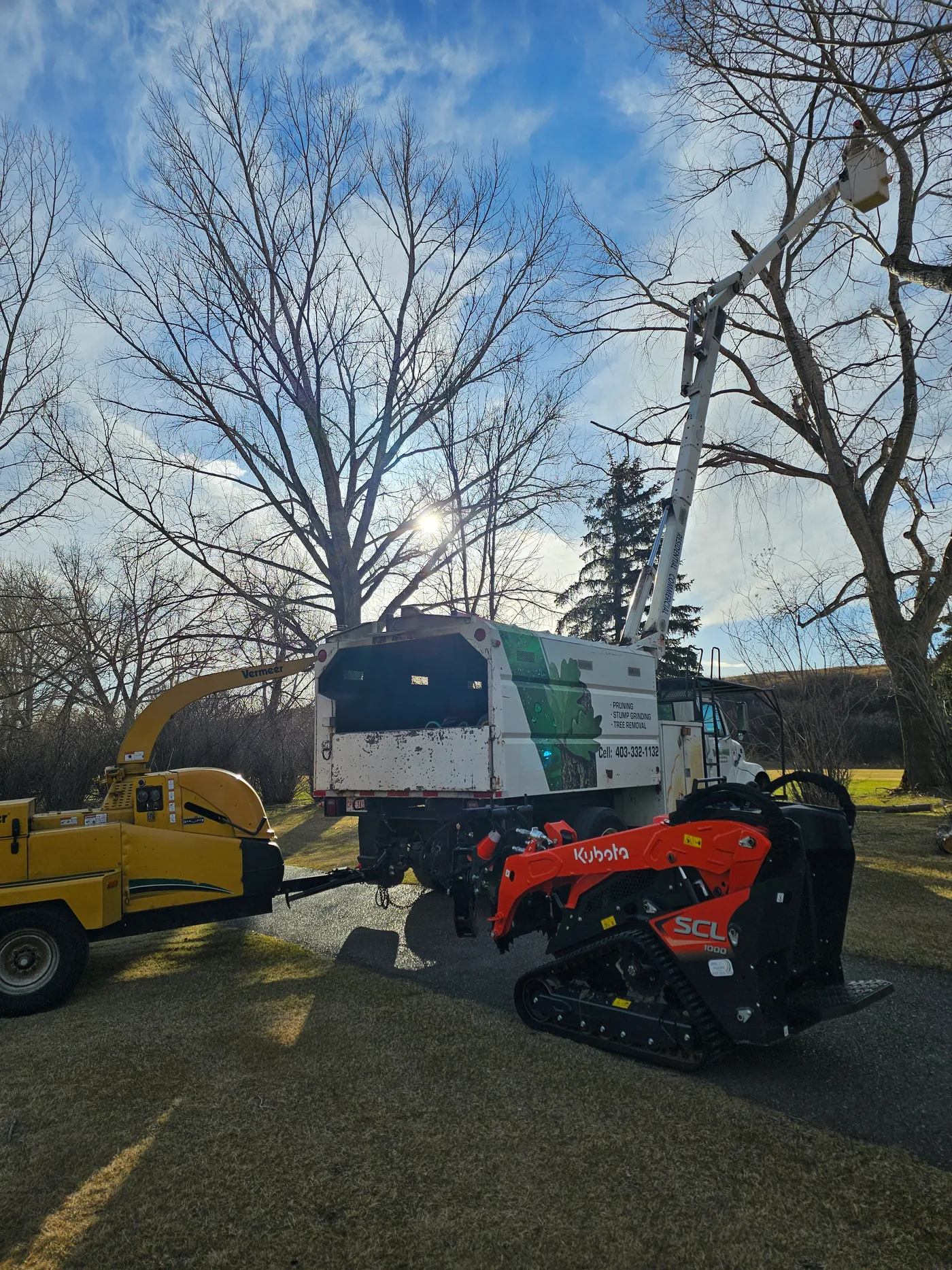 Chipper and compact loader staged for a residential tree removal